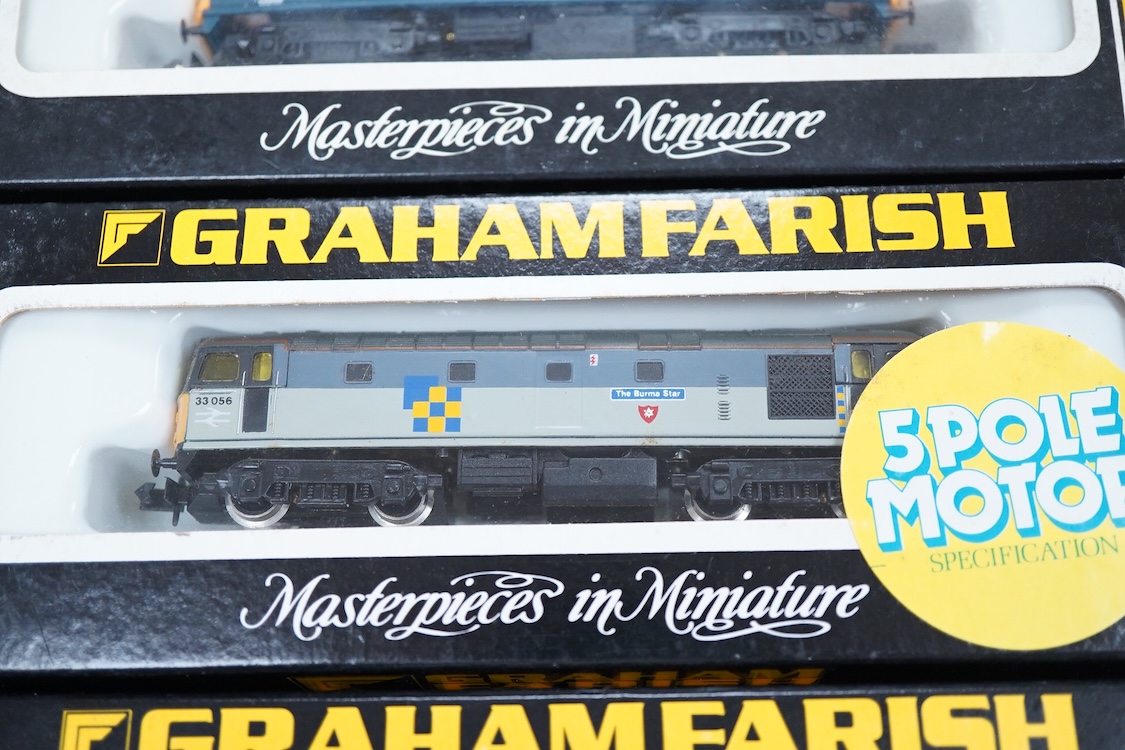 Four boxed Graham Farish N gauge railway diesel locomotives; a BR class 33, D6525 (FA83111), a BR class 33, 33012 (8315), a BR class 33, 33 056 (8316) and a BR class 37, 37 906 (8038).
